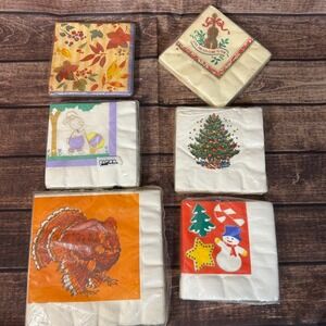 Vintage Holiday Napkin Lot Hallmark Christmas Thanksgiving Easter Autumn 6 Packs